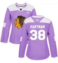 Womens Adidas Chicago Blackhawks 38 Ryan Hartman Authentic Purple Fights Cancer Practice NHL Jersey 