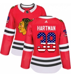 Womens Adidas Chicago Blackhawks 38 Ryan Hartman Authentic Red USA Flag Fashion NHL Jersey 