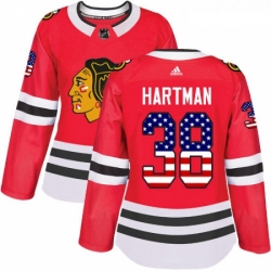 Womens Adidas Chicago Blackhawks 38 Ryan Hartman Authentic Red USA Flag Fashion NHL Jersey 