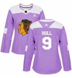 Womens Adidas Chicago Blackhawks 9 Bobby Hull Authentic Purple Fights Cancer Practice NHL Jersey 