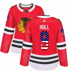 Womens Adidas Chicago Blackhawks 9 Bobby Hull Authentic Red USA Flag Fashion NHL Jersey 
