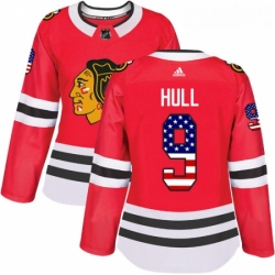 Womens Adidas Chicago Blackhawks 9 Bobby Hull Authentic Red USA Flag Fashion NHL Jersey 