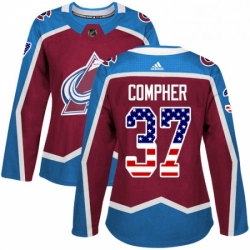 Womens Adidas Colorado Avalanche 37 JT Compher Authentic Burgundy Red USA Flag Fashion NHL Jersey 
