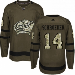 Mens Adidas Columbus Blue Jackets 14 Jordan Schroeder Authentic Green Salute to Service NHL Jersey 