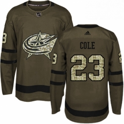 Mens Adidas Columbus Blue Jackets 23 Ian Cole Authentic Green Salute to Service NHL Jersey 
