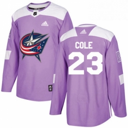 Mens Adidas Columbus Blue Jackets 23 Ian Cole Authentic Purple Fights Cancer Practice NHL Jersey 