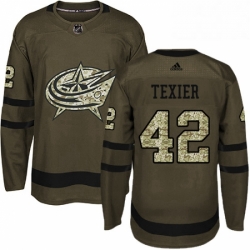Mens Adidas Columbus Blue Jackets 42 Alexandre Texier Authentic Green Salute to Service NHL Jersey 