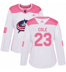 Womens Adidas Columbus Blue Jackets 23 Ian Cole Authentic White Pink Fashion NHL Jersey 