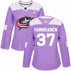 Womens Adidas Columbus Blue Jackets 37 Markus Hannikainen Authentic Purple Fights Cancer Practice NHL Jersey 