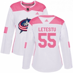Womens Adidas Columbus Blue Jackets 55 Mark Letestu Authentic White Pink Fashion NHL Jersey 