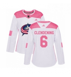Womens Adidas Columbus Blue Jackets 6 Adam Clendening Authentic White Pink Fashion NHL Jersey 