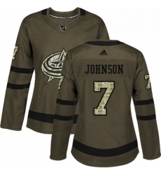 Womens Adidas Columbus Blue Jackets 7 Jack Johnson Authentic Green Salute to Service NHL Jersey 