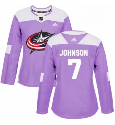 Womens Adidas Columbus Blue Jackets 7 Jack Johnson Authentic Purple Fights Cancer Practice NHL Jersey 