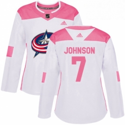 Womens Adidas Columbus Blue Jackets 7 Jack Johnson Authentic WhitePink Fashion NHL Jersey 
