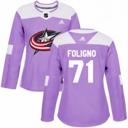 Womens Adidas Columbus Blue Jackets 71 Nick Foligno Authentic Purple Fights Cancer Practice NHL Jersey 