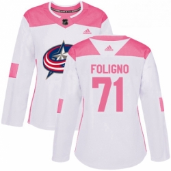 Womens Adidas Columbus Blue Jackets 71 Nick Foligno Authentic WhitePink Fashion NHL Jersey 