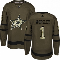 Mens Adidas Dallas Stars 1 Gump Worsley Authentic Green Salute to Service NHL Jersey 