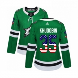 Womens Adidas Dallas Stars 35 Anton Khudobin Authentic Green USA Flag Fashion NHL Jersey 