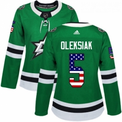 Womens Adidas Dallas Stars 5 Jamie Oleksiak Authentic Green USA Flag Fashion NHL Jersey 