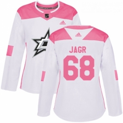 Womens Adidas Dallas Stars 68 Jaromir Jagr Authentic WhitePink Fashion NHL Jersey 