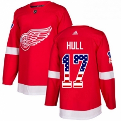 Mens Adidas Detroit Red Wings 17 Brett Hull Authentic Red USA Flag Fashion NHL Jersey 