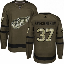 Mens Adidas Detroit Red Wings 37 Evgeny Svechnikov Authentic Green Salute to Service NHL Jersey 