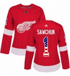 Womens Adidas Detroit Red Wings 1 Terry Sawchuk Authentic Red USA Flag Fashion NHL Jersey 
