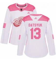 Womens Adidas Detroit Red Wings 13 Pavel Datsyuk Authentic WhitePink Fashion NHL Jersey 