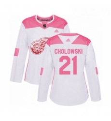 Womens Adidas Detroit Red Wings 21 Dennis Cholowski Authentic White Pink Fashion NHL Jersey 