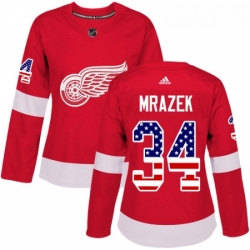 Womens Adidas Detroit Red Wings 34 Petr Mrazek Authentic Red USA Flag Fashion NHL Jersey 