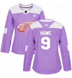 Womens Adidas Detroit Red Wings 9 Gordie Howe Authentic Purple Fights Cancer Practice NHL Jersey 