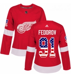 Womens Adidas Detroit Red Wings 91 Sergei Fedorov Authentic Red USA Flag Fashion NHL Jersey 