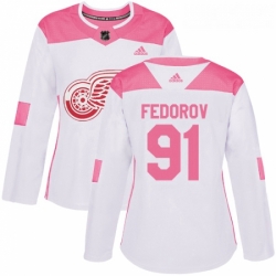 Womens Adidas Detroit Red Wings 91 Sergei Fedorov Authentic WhitePink Fashion NHL Jersey 