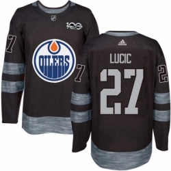 Mens Adidas Edmonton Oilers 27 Milan Lucic Authentic Black 1917 2017 100th Anniversary NHL Jersey 
