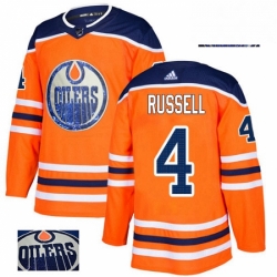 Mens Adidas Edmonton Oilers 4 Kris Russell Authentic Orange Fashion Gold NHL Jersey 