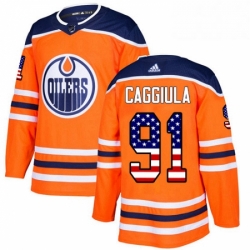 Mens Adidas Edmonton Oilers 91 Drake Caggiula Authentic Orange USA Flag Fashion NHL Jersey 