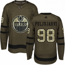 Mens Adidas Edmonton Oilers 98 Jesse Puljujarvi Authentic Green Salute to Service NHL Jersey 