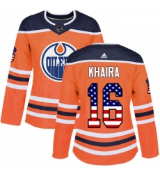 Womens Adidas Edmonton Oilers 16 Jujhar Khaira Authentic Orange USA Flag Fashion NHL Jersey 