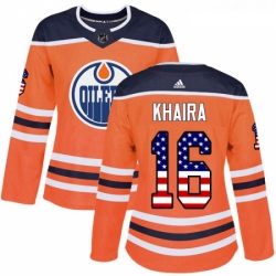 Womens Adidas Edmonton Oilers 16 Jujhar Khaira Authentic Orange USA Flag Fashion NHL Jersey 