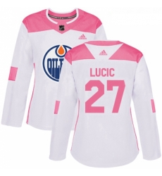 Womens Adidas Edmonton Oilers 27 Milan Lucic Authentic WhitePink Fashion NHL Jersey 