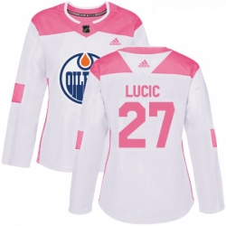 Womens Adidas Edmonton Oilers 27 Milan Lucic Authentic WhitePink Fashion NHL Jersey 