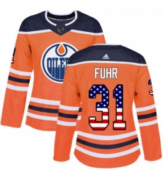 Womens Adidas Edmonton Oilers 31 Grant Fuhr Authentic Orange USA Flag Fashion NHL Jersey 