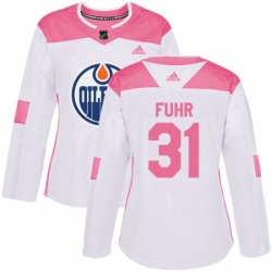 Womens Adidas Edmonton Oilers 31 Grant Fuhr Authentic WhitePink Fashion NHL Jersey 