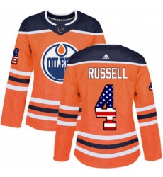 Womens Adidas Edmonton Oilers 4 Kris Russell Authentic Orange USA Flag Fashion NHL Jersey 