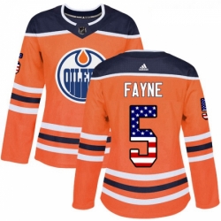 Womens Adidas Edmonton Oilers 5 Mark Fayne Authentic Orange USA Flag Fashion NHL Jersey 