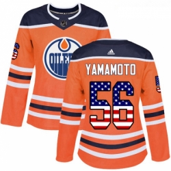 Womens Adidas Edmonton Oilers 56 Kailer Yamamoto Authentic Orange USA Flag Fashion NHL Jersey 