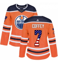 Womens Adidas Edmonton Oilers 7 Paul Coffey Authentic Orange USA Flag Fashion NHL Jersey 