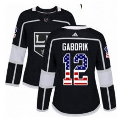 Womens Adidas Los Angeles Kings 12 Marian Gaborik Authentic Black USA Flag Fashion NHL Jersey 
