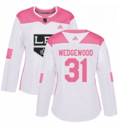 Womens Adidas Los Angeles Kings 31 Scott Wedgewood Authentic White Pink Fashion NHL Jersey 