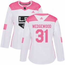 Womens Adidas Los Angeles Kings 31 Scott Wedgewood Authentic White Pink Fashion NHL Jersey 